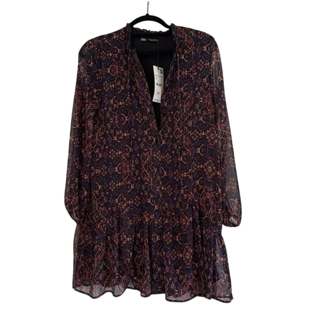 Zara Ikat Chiffon Ruffle Mini Dress Purple Orange Tie Neck S Boho Resort NWT‎